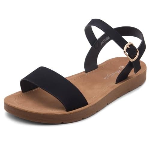 Herstyle Flat Sandals for Women – Open Toe One Band Ankle Strap Summer Dressy Sandals, Lightweight Casual Strappy Slip-On Flats with Adjustable Buckle, Black, Size 11.0, Monday