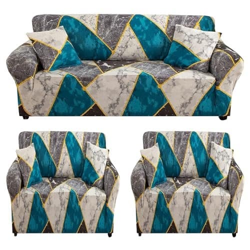 Gifts Island® Sofa Cover 3 Seater and 2 Seater Fully Covered Universal 5 Seater Sofa Cover Non-Slip Sticky Elastic Stretchable Sofa Set Slipcover Protector for (3+1+1 Seater), Colorful Marble