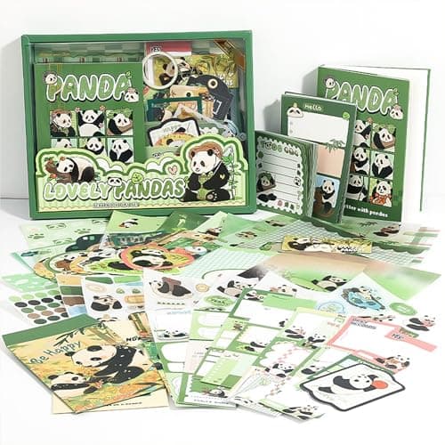 The AutoStory Bear Scrapbook Album A6 Junk Journal Notebook Cute Animal Stickers Bamboo Collage Paper Washi Tape DIY Craft Art Making Stationery Present Teen Girls Set (Lovely Pandas, Green)