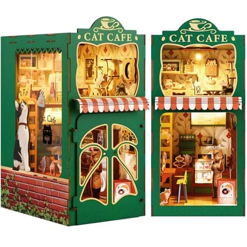 Book Nook KitDIY Miniature House Kit for Adults Teens and Beginners Dollhouse Booknook Cat Cafe Tiny House Bookshelf Decor 3D Wooden Puzzle Gifts for Family Friends