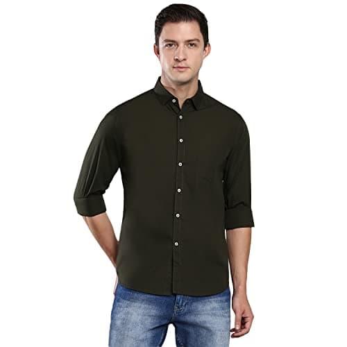 Dennis Lingo Men's Cotton Olive Green Solid Casual Shirt (C301_Olive_L)