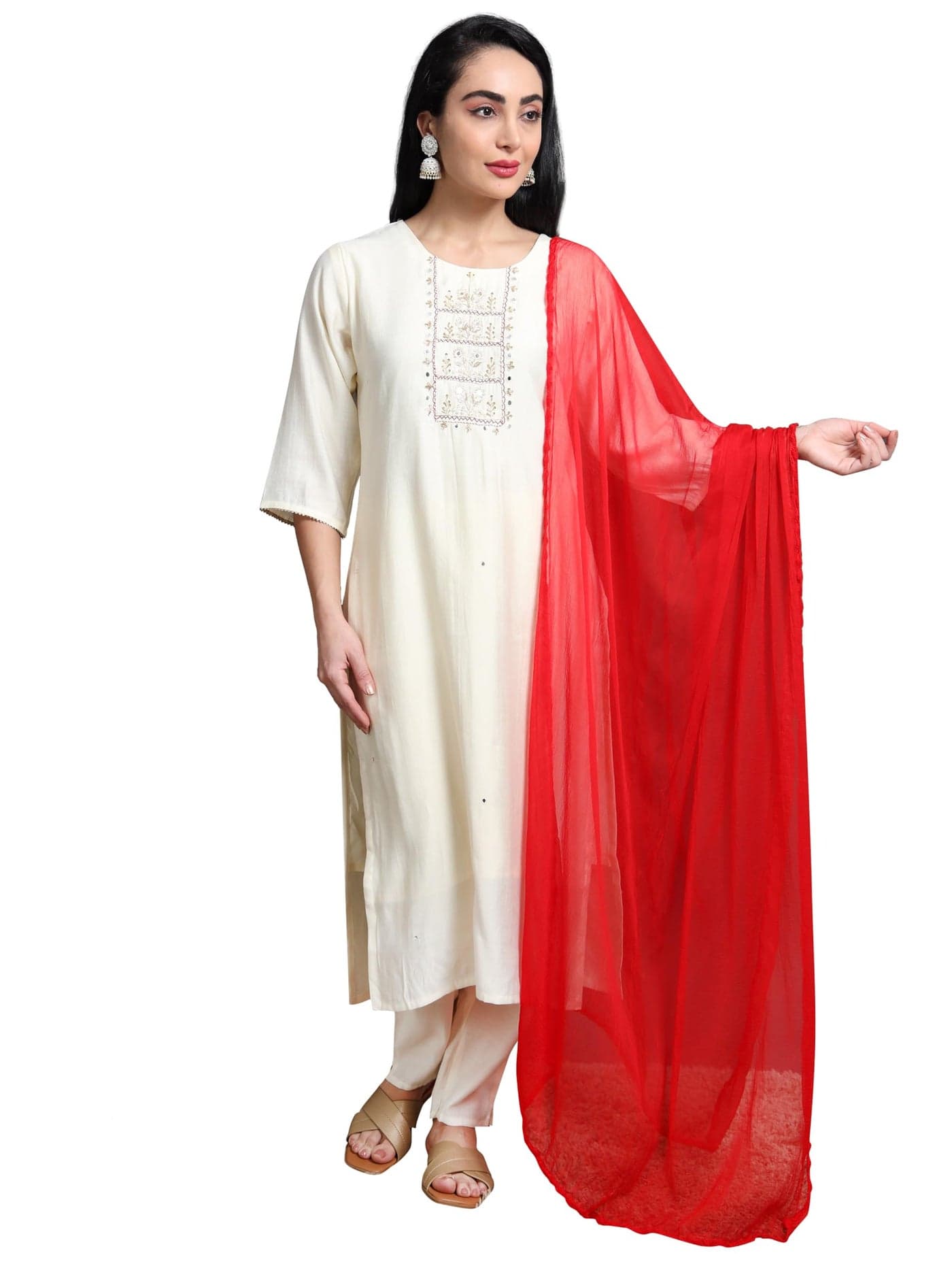 Miraan Women Pure Chiffon Solid Dupatta With Woven Border, 2.25 Meters Length (Chiffdupred01_Red), 2.25 mtr