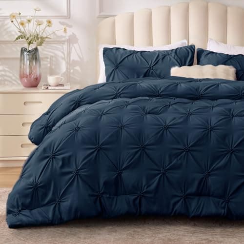 BEDELITE Navy King Size Comforter Set - 3 Pieces Boho Pintuck Bedding Comforter Sets, Lightweight Soft & Warm King Bedding Set with 2 Pillowcases for All Season