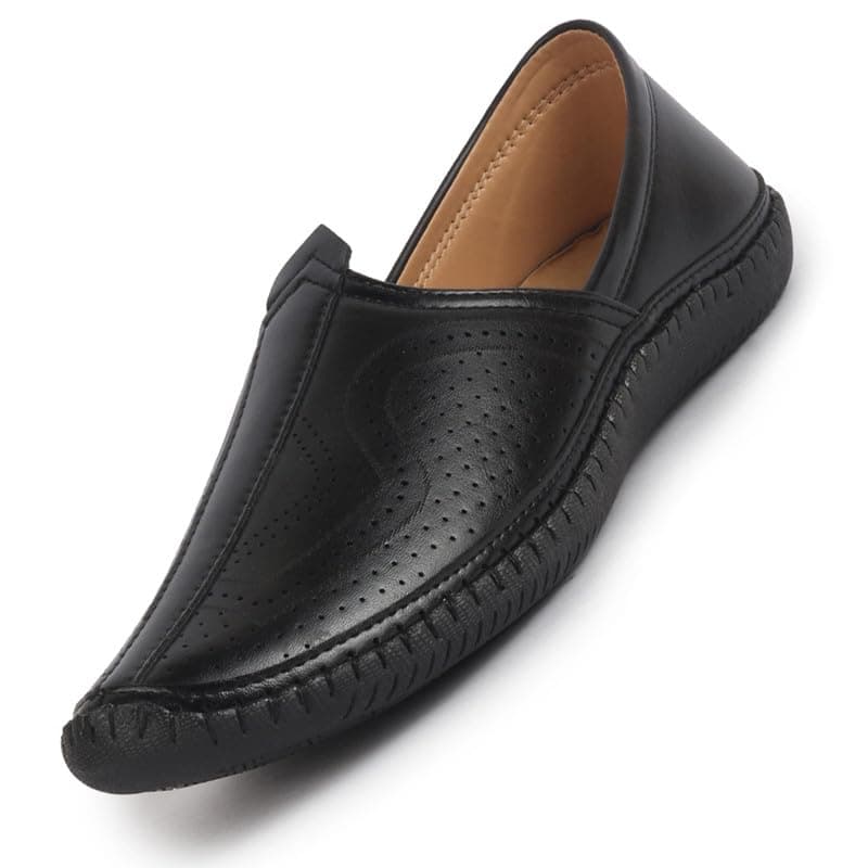 FAUSTO FST FOSME-2184 BLACK-42 Men Black Perforated Side Stitched Ethnic Round Toe Juttis and Mojaris for Wedding | Flexible Anti Skid Sole | Pathani Kurta Slip On Shoes (8 UK)