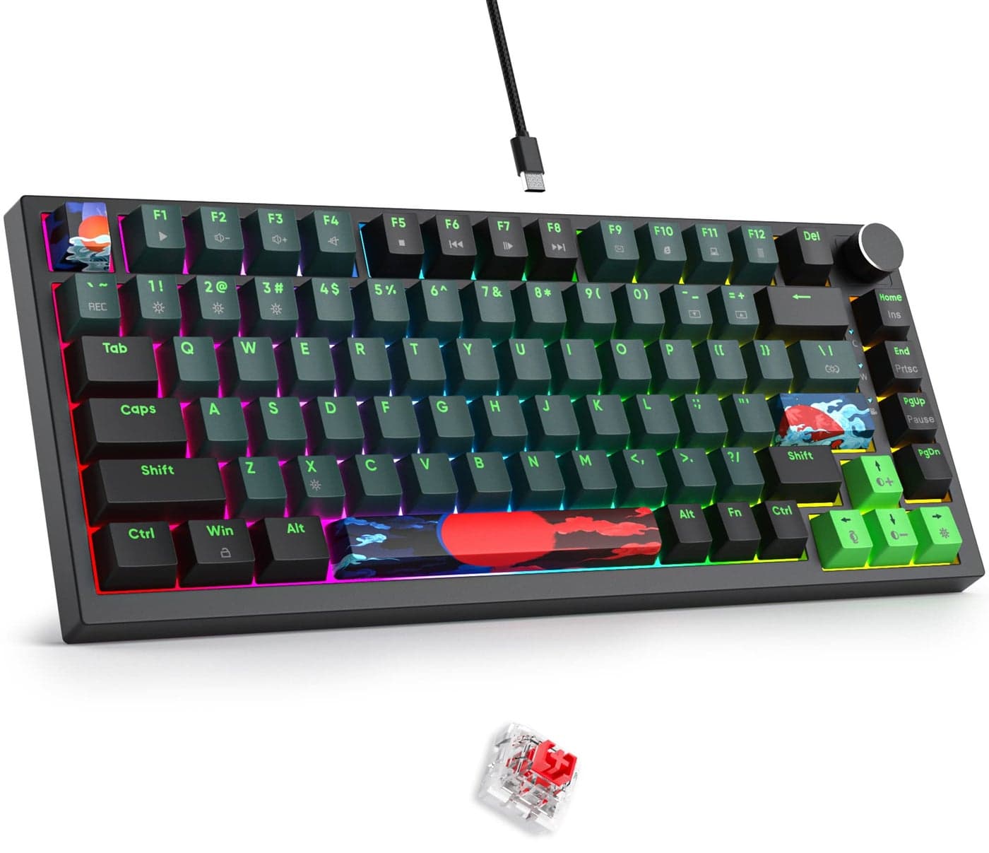 Fogruaden Wired 75 Percent Mechanical Keyboard Hot Swappable Red Switch RGB Backlit 82 Keys TKL Mechanical Keyboard NKRO Compact Gaming Keyboard Volume Control Knob Soundwave