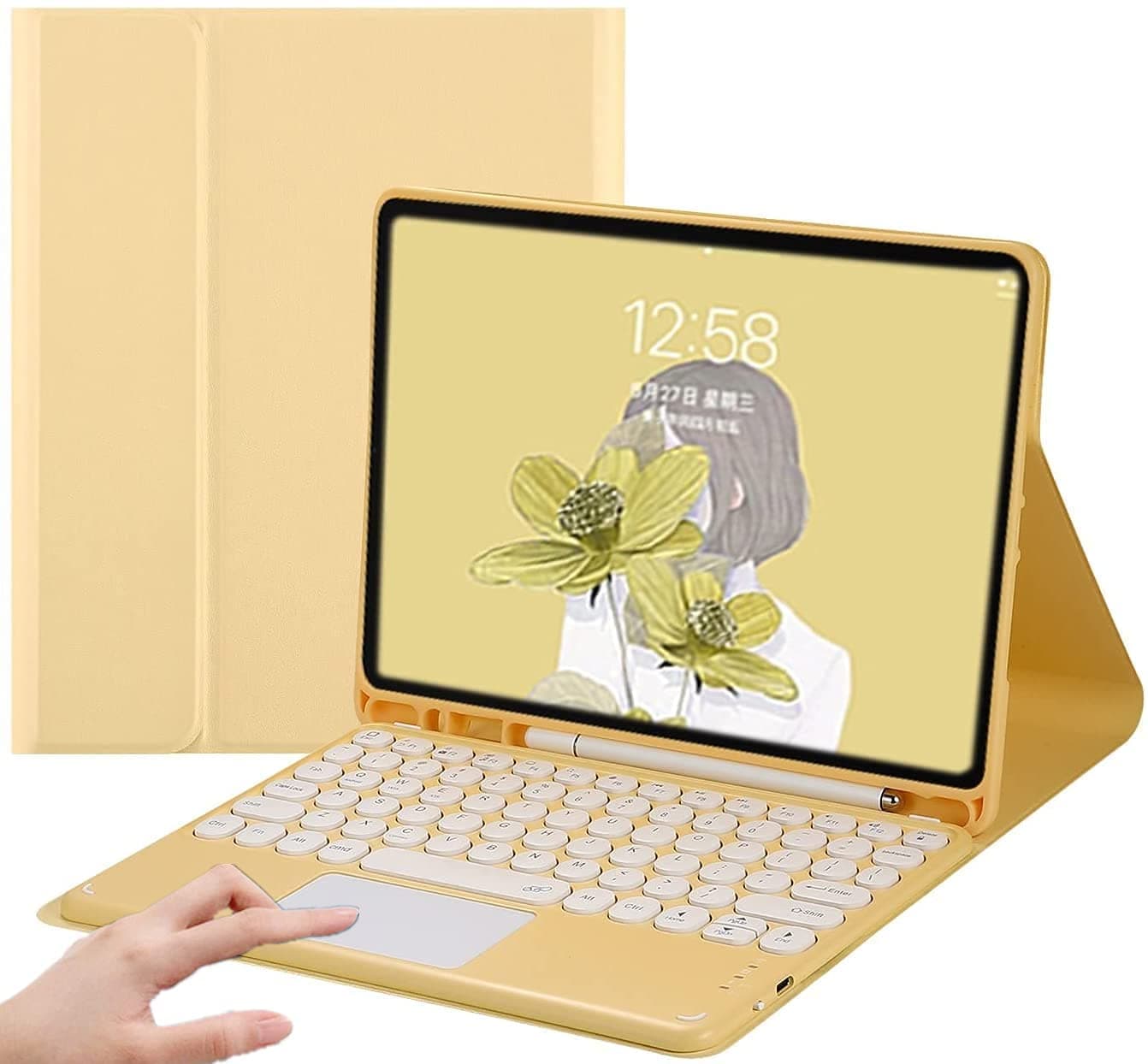 AnMengXinLing Keyboard Case for iPad (A16) 11th 2025/iPad 10th Generation, Touchpad Detachable Keyboard with Pencil Holder -Slim Leather Folio Smart Cover for iPad11/iPad10 (Yellow)