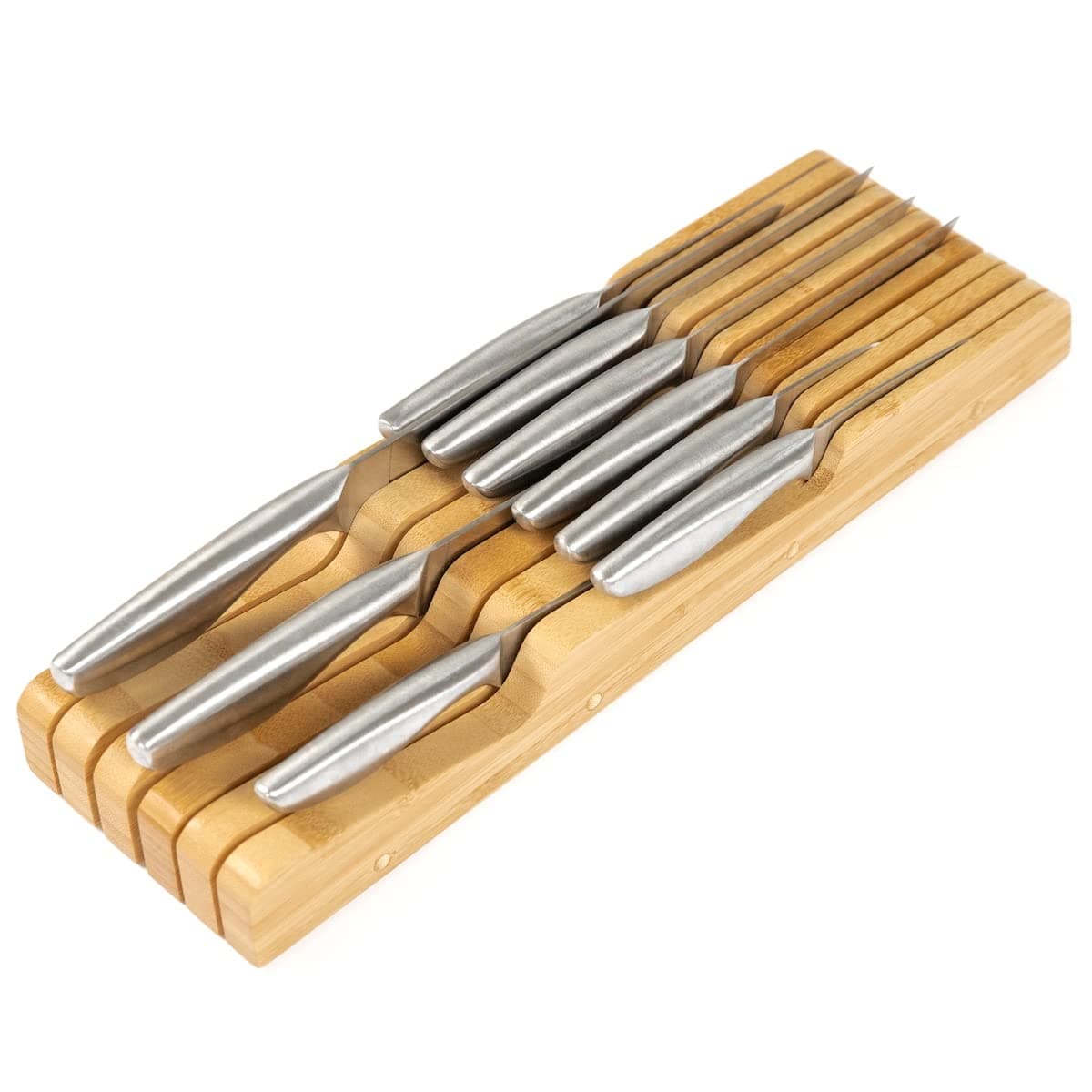 KitchenEdge Bamboo Kitchen Knife Block Holder Organizer Holds 5 Long 6 Short Knives Not Included Fits Most Knife Sizes Rubber Feet Sustainable Bamboo InDrawer Design