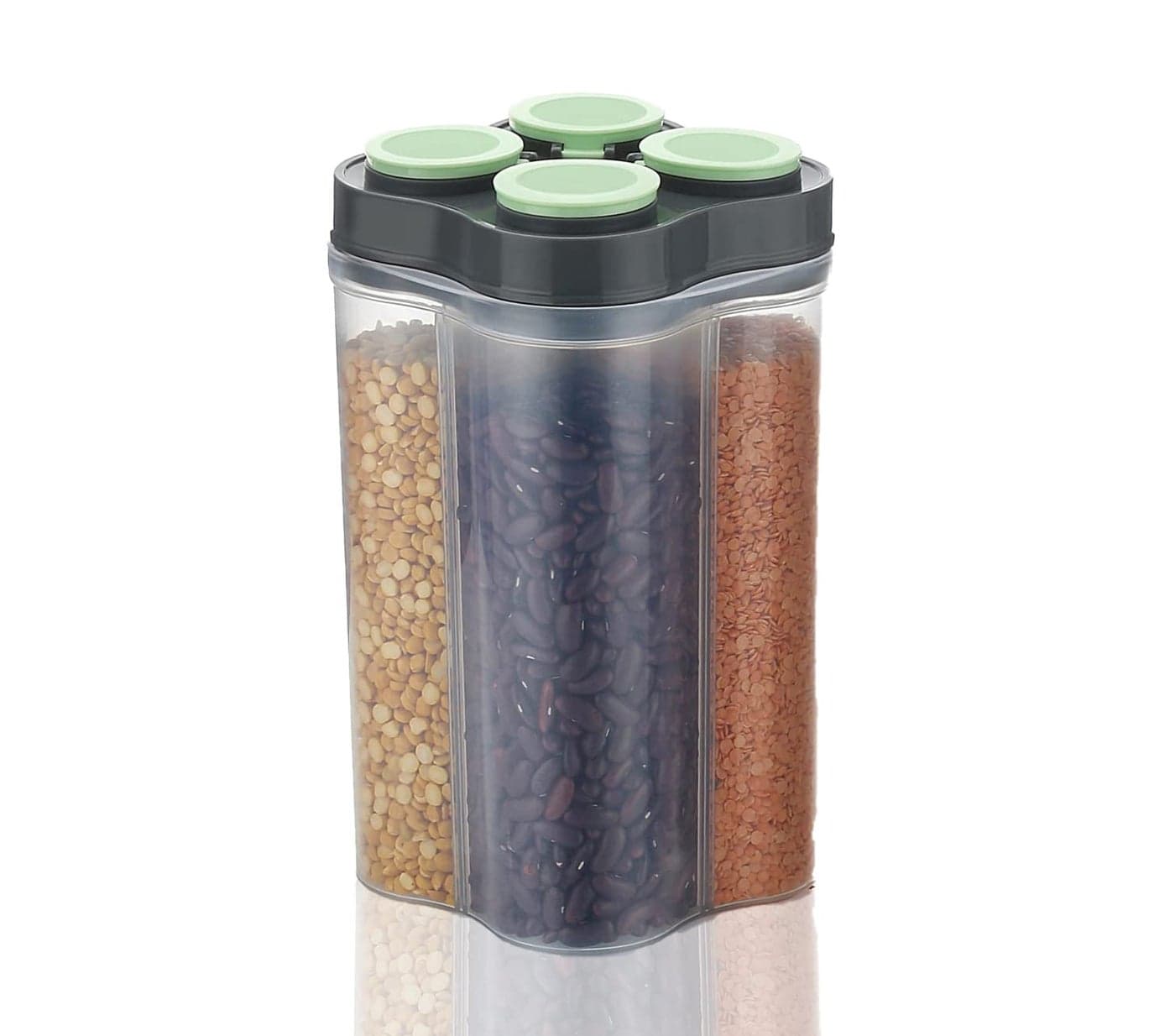 Tosaa Airtight Transparent Plastic Lock Food Storage 4 Section Container Jar for Grocery, Fridge Container Pack of 1, 2500ML- Green