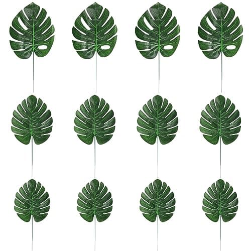 CCINEE 24PCS Green Artificial Palm Leaves Faux Monstera Leaves Simulation Safari Leaves with Stems for Home Hawaiian Luau Party Jungle Beach Theme Party Decoration