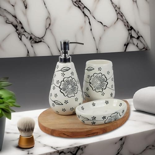 Kaolinite Ceramic Bathroom Accessories Set for Utility and Bathroom Decor | Liquid Soap Dispenser, soap Tray, Toothbrush Holder Hand Crafted Classy/Elegant White