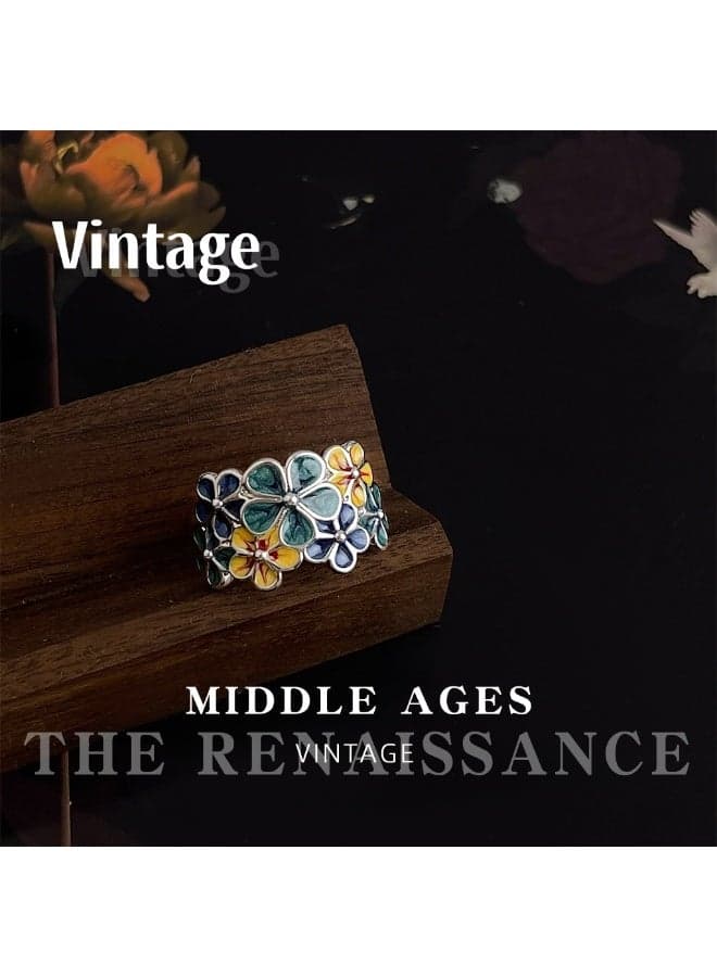 Vintage Artistic Retro Blue Enamel Drip-Patterned Flower Ring | Adjustable Flower Cluster Index Finger Ring