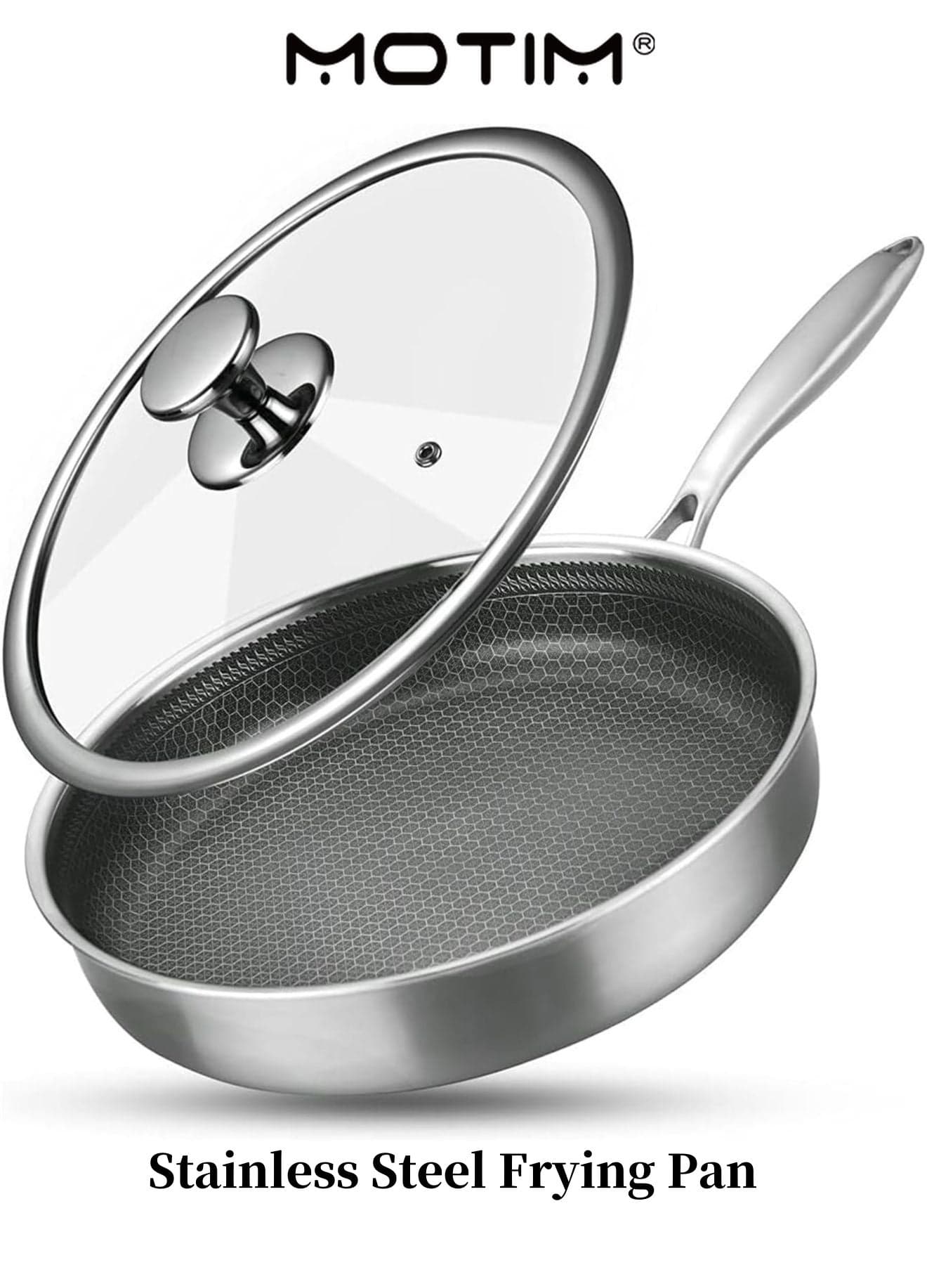 Stainless Steel Semi Nonstick Frying Pan with Lid for Gas Electric Induction Ceramic Stoves and Oven Resistant(28CM)