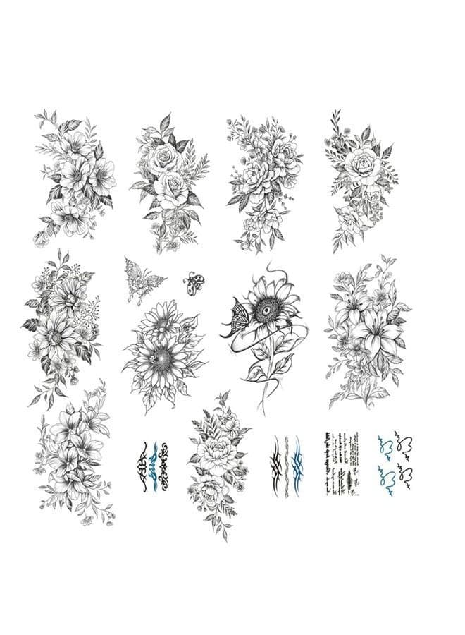 Black Flower Tattoos for Women Girls Fake Tattoo Stickers for Adults Teens Rose Sunflower Lily Temporary Tattoo Decals on Arm Chest Leg Belly Makeup Body Decoration Supplies