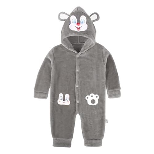 Bold N Elegant Cartoon Bear Warm Winter Fur Wool Full Sleeve Footless Baby Romper with Hood, Front Button Bodysuit for Newborn Infant Baby Boy Girl (Grey, 0-6 Months)