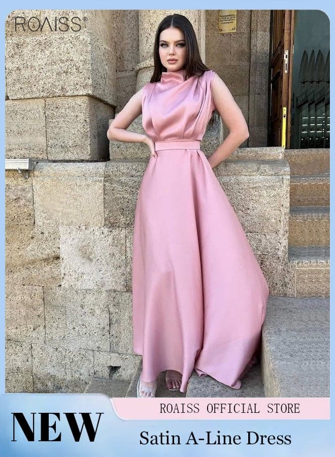 Stylish Satin Smooth Sleeveless Polo Neck Dress Women's Daily Commuting Banquet Waist Tightening Long A-Line High-Rise Skirt for Ladies Ramadan Eid al-Adha