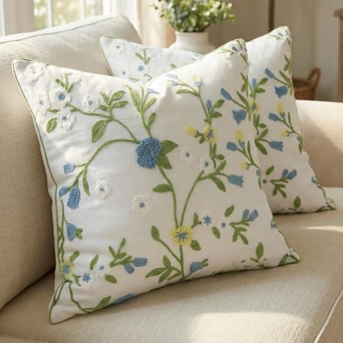 sykting Spring Floral Embroidered Throw Pillow Covers 20x20 inch Set of 2 Blue Yellow Wild Flowers Green Leaves Branches Tufted Patterned Cotton Cushion Covers for Couch Bed Living Room Outdoor