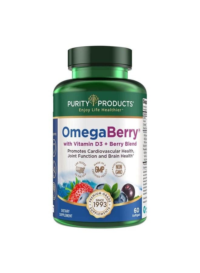 OmegaBerry Fish Oil with Vitamin D3 and Organic Acai - 1250mg Concentrated Molecularly Distilled Ultra Pure Omega-3 Fish Oil, 500mg DHA + 650mg EPA - 60 Soft Gels - 30 Day Supply from