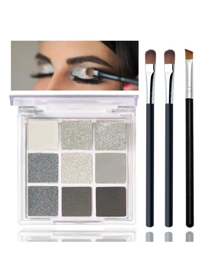 Black Smoky Eyeshadow Palette - Silver Shimmer, Grey, Gold, Brown - 9 Colors - Glitter & Matte Finish - Long Lasting, Waterproof - Pearl Eye Shadow Palette - Includes Eyeshadow Brush