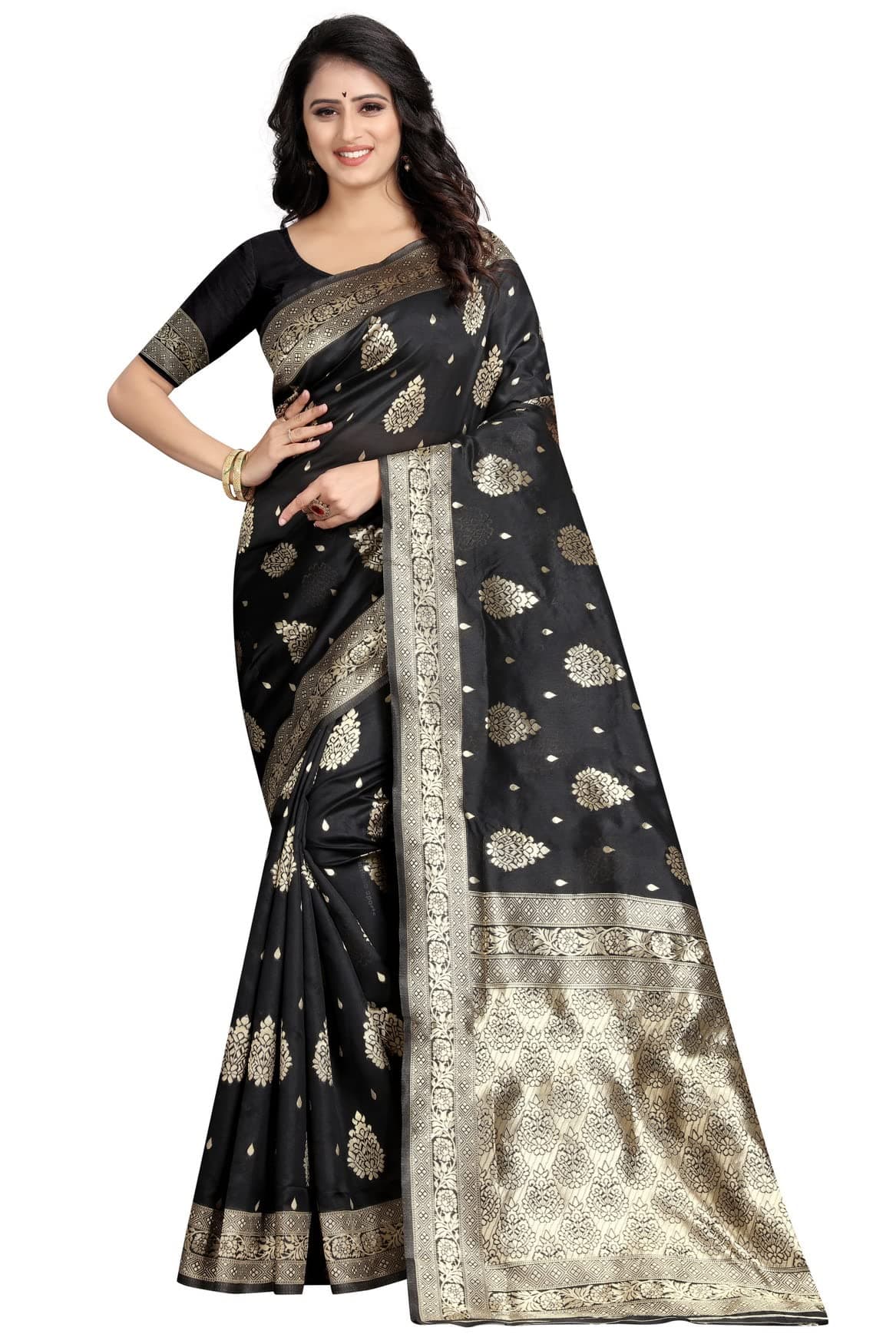 C J Enterprise Women's Banarasi Saree Pure Kanjivaram Silk Saree Soft Design Wear Pattu Sarees Latest Party Cotton With Blouse Piece Kanchipuram for Wedding sadi new 2024 2025 (Eagle-3-51) (Black)