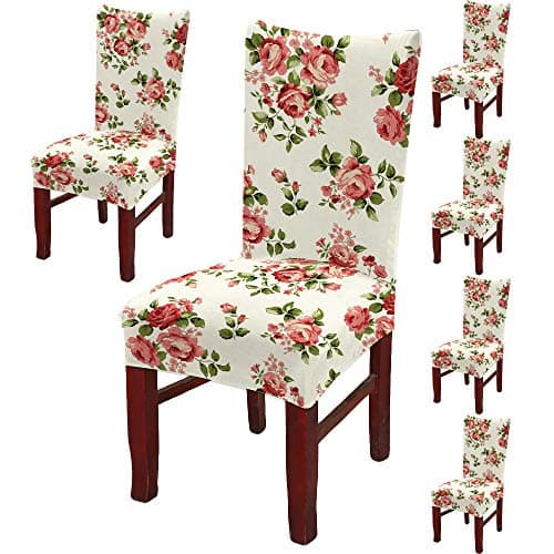 BRIDA ® Polyester and Spandex Stretchable Floral Printed Elastic Dining Chair Covers (Rose Flowers, Standard) - Set of 6