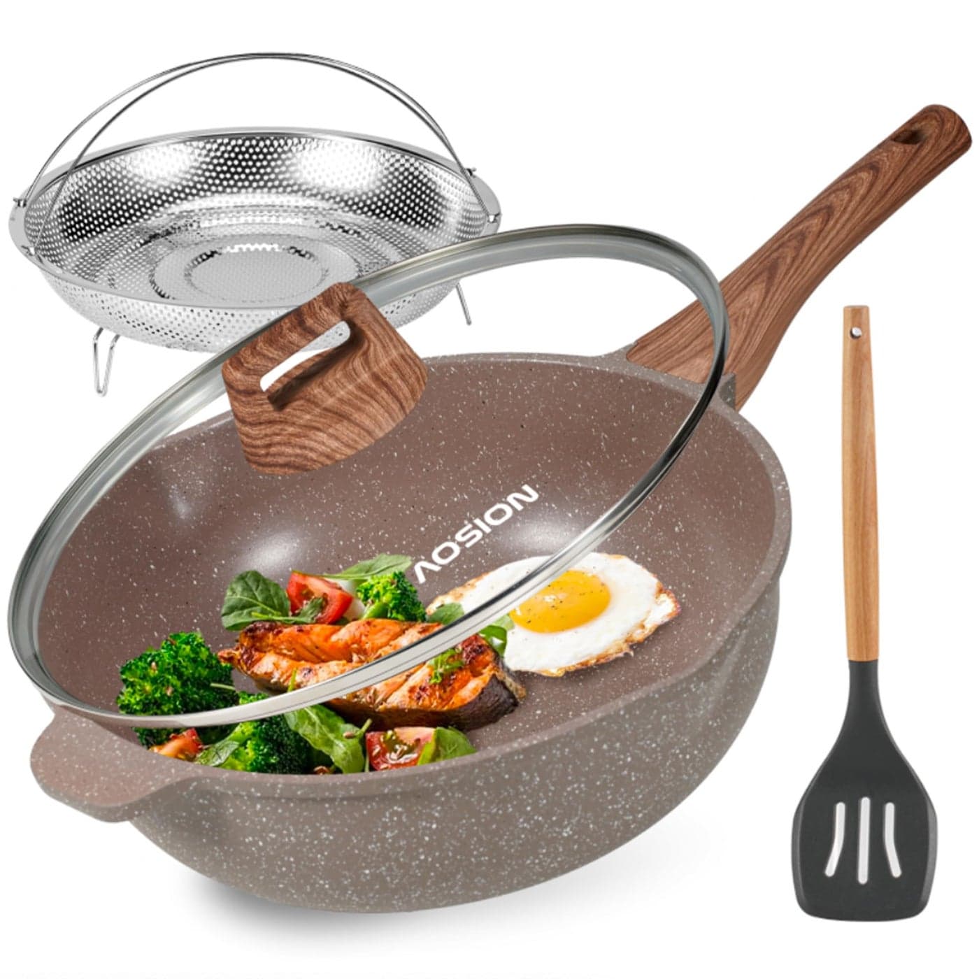 AOSION 11 Inch Nonstick Ceramic Deep Frying Pan Skille with Lid5QT Saut Pan for Cooking with Steam RackHealthy Large SkilletStay Cool Handle Induction Compatible PFOA PFAS Free BROWN