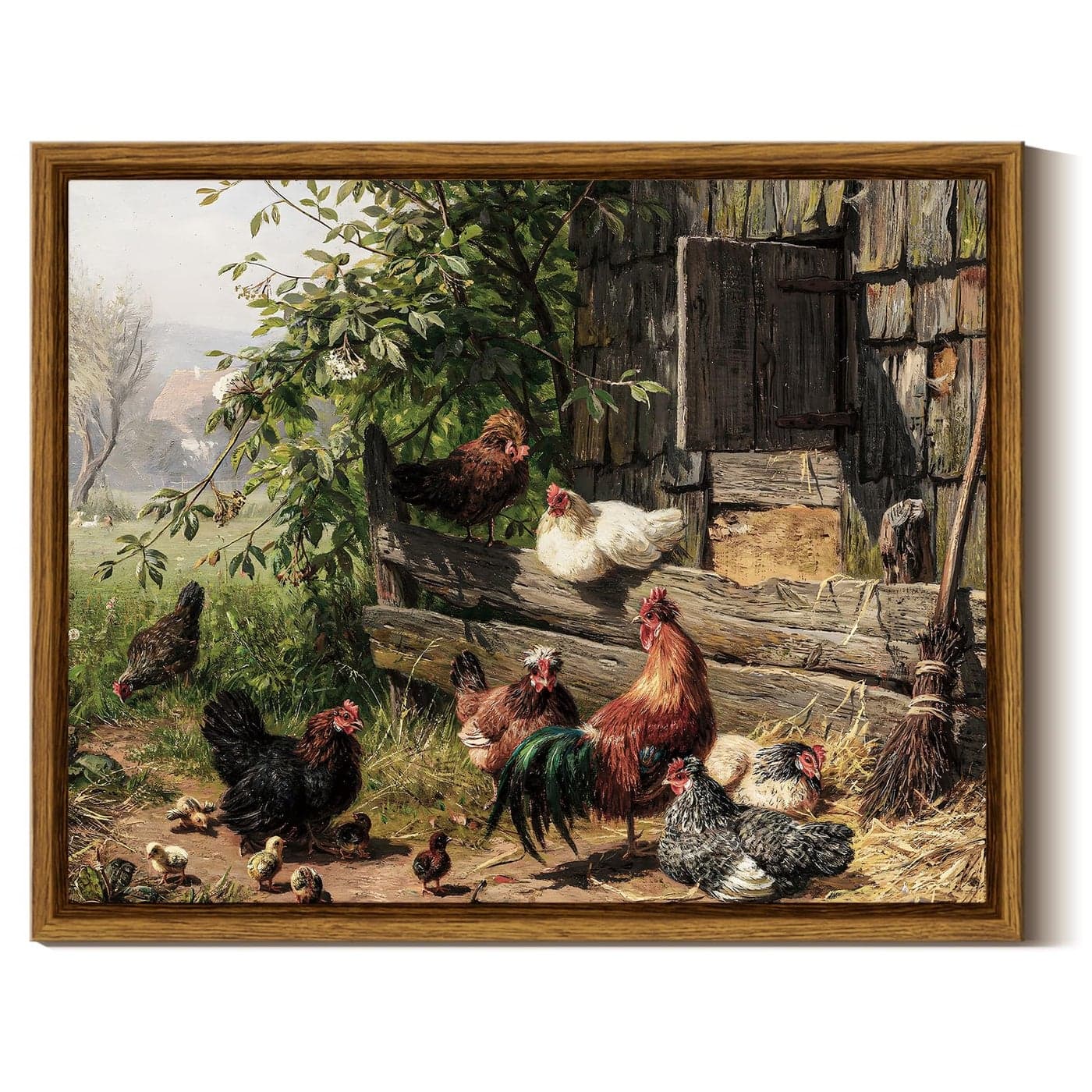 InSimSea Framed Canvas Wall Art Funny Running Chicken Chicken Coop Rustic Farmhouse Painting Country Wall Prints Bedroom Living Room 8x10in