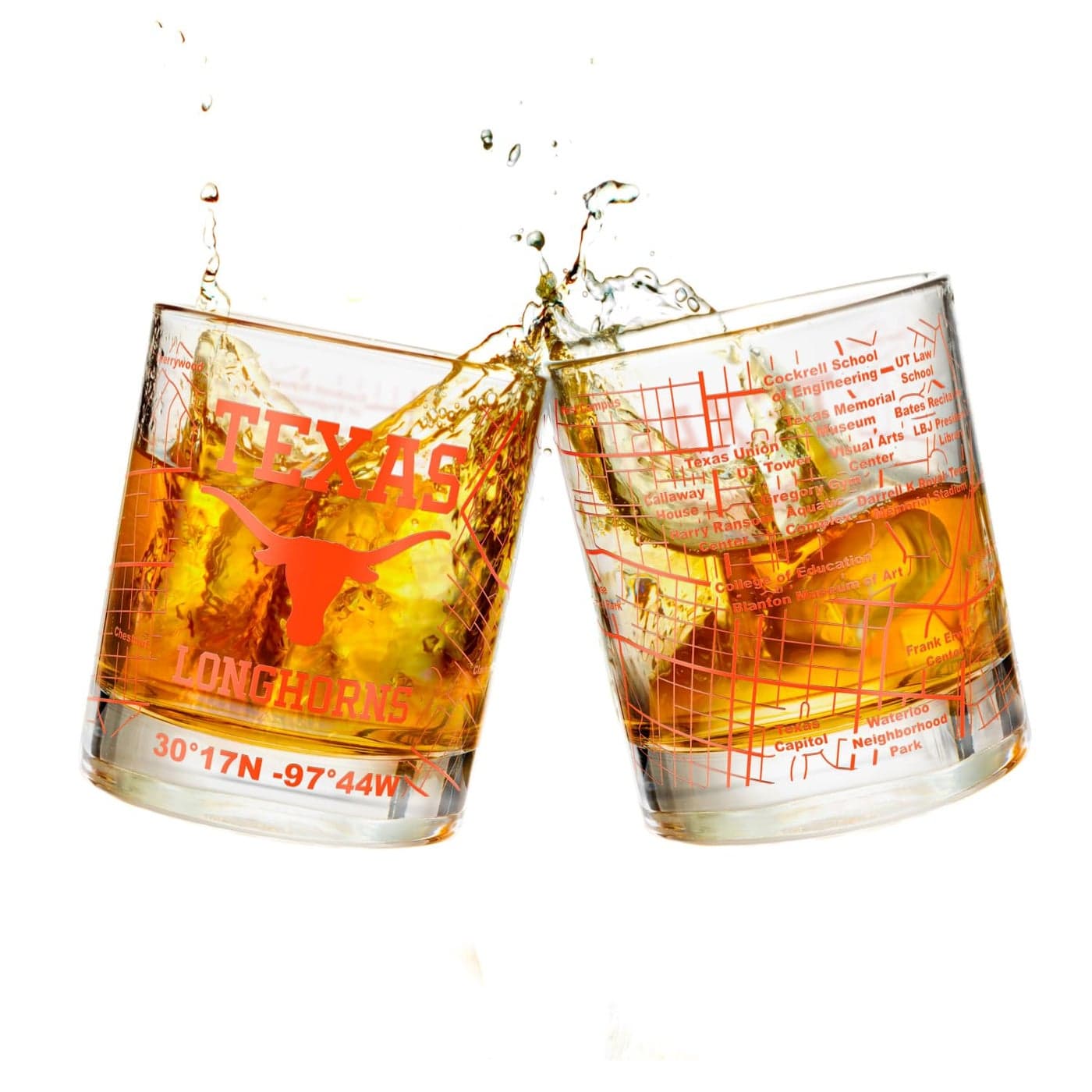 Greenline Goods University Of Texas Whiskey Glass Set 2 Low Ball Glasses Contains Full Color Texas Longhorn Logo Campus Map Longhorns Gift College Grads Alumni College Cocktail Glassware