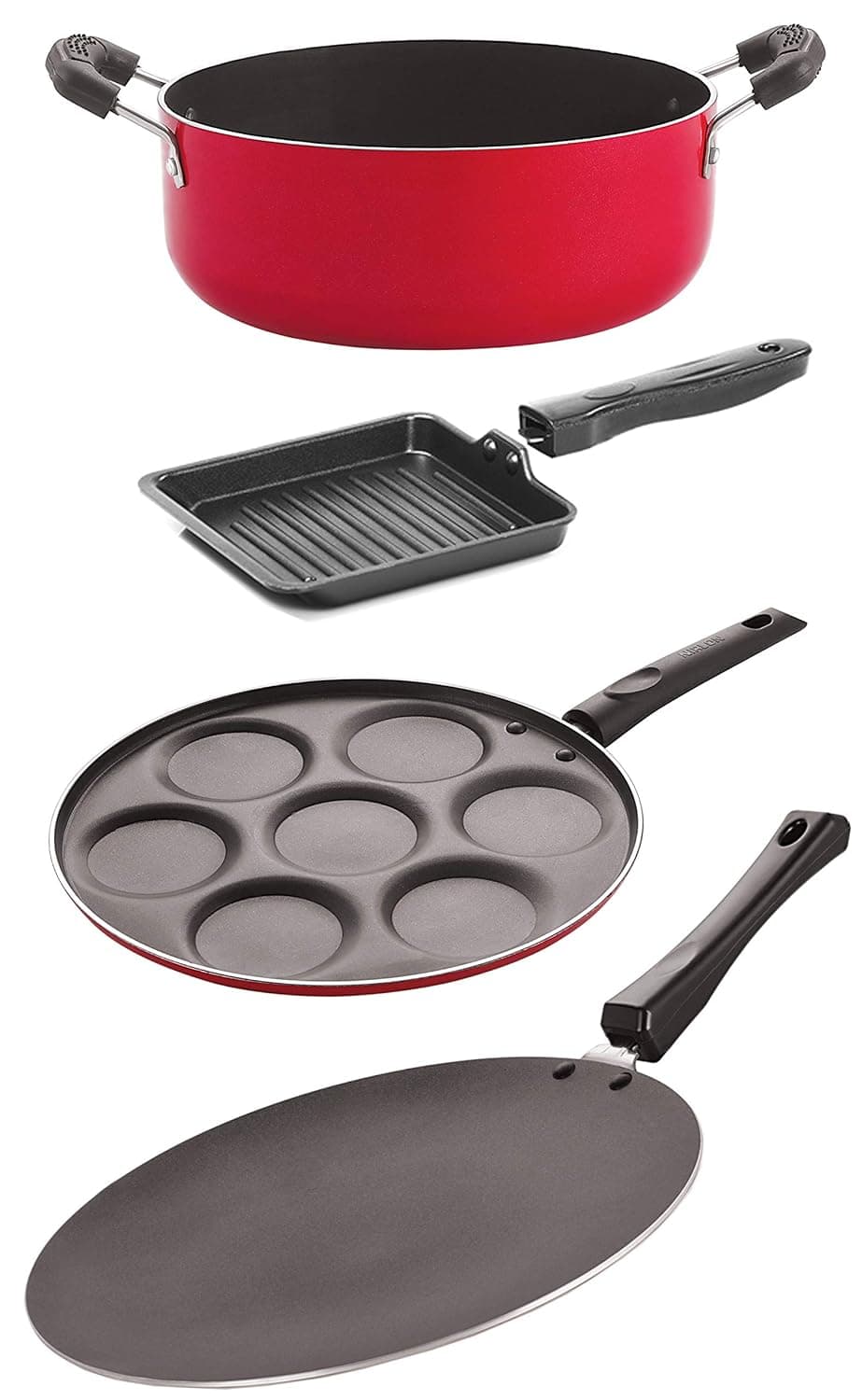 Nirlon NonstickCookware 4 Pieces Set Gas Compatible (Concave Tawa 27.5cm + Uttapam 7 Cavity + Small Grill Pan - 14cm + Casserole 3.1 LTR) (CT11_UP7_SGP_CS24)