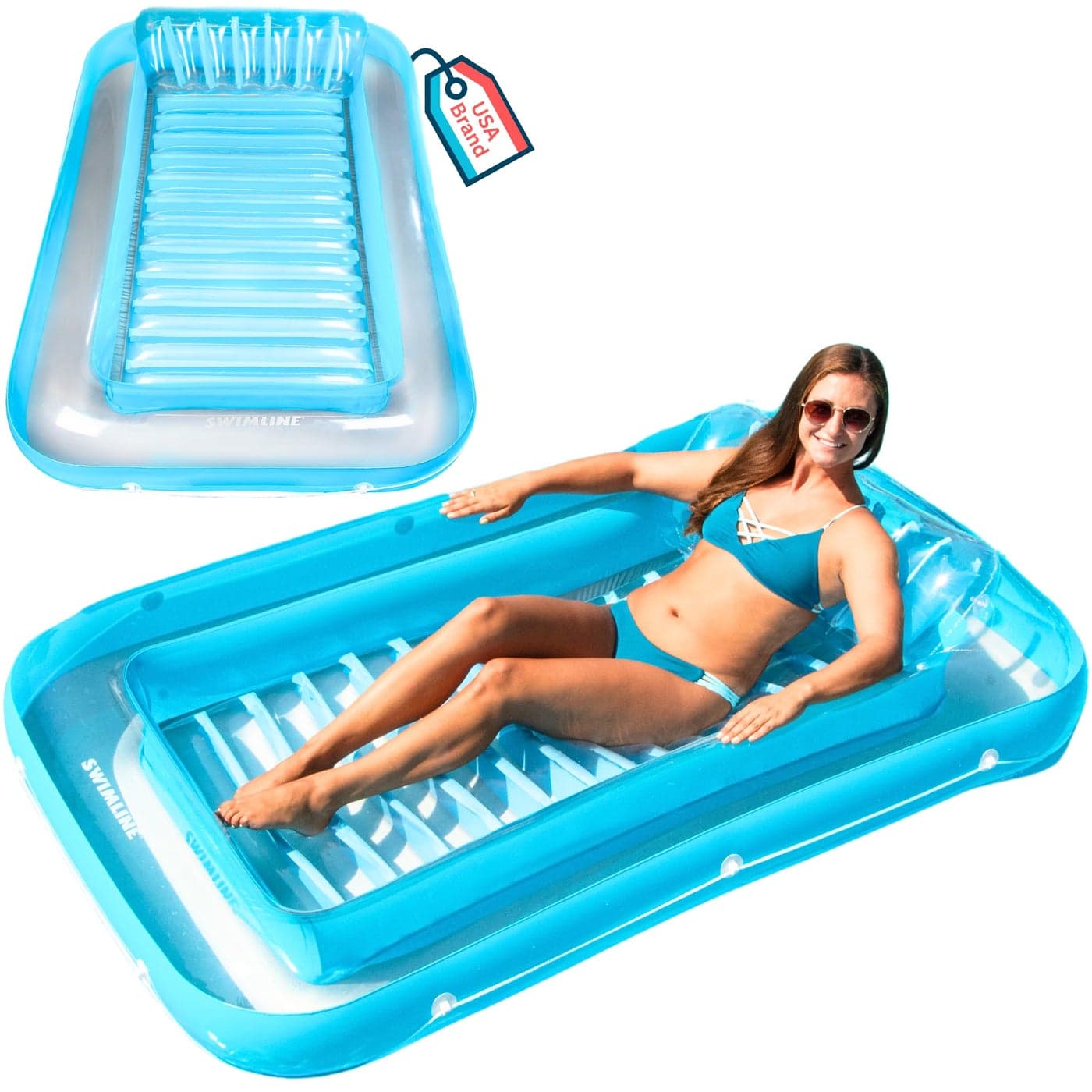 SWIMLINE Original Suntan Tub 1-Pack Classic Inflatable Tanning Float Floating Lounge | Blue Personal Tan Pool Hybrid Lounger | Adjustable Pillow | Fill with Water | Reflective Tanning Design