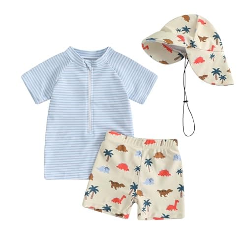 DuAnyozu Baby Boys Swimsuit Long Sleeve Rash Guard Swimwear Baby Boy Swim Trunk with Hat Set 3-Piece Toddler Bathing Suit (Blue, 2-3 Years)