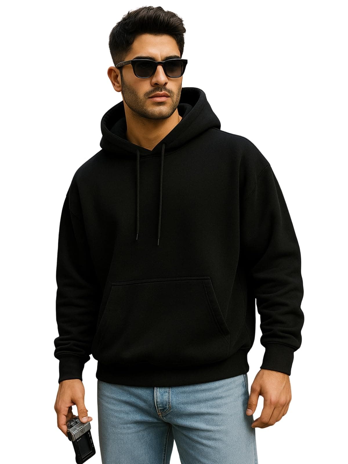 Veirdo® Polycotton Spun Oversized Fit Drop Shoulder Hooded Sweatshirt Full Sleeves Solid Jumper Hoodie for Men/Boys (OS_HDY_V_SP_BK_XL) Black