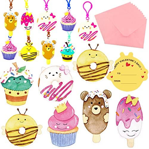 Fancy Land 30PCS Valentines Cards with Keychains for Kids School Classroom Exchange Gifts Dessert Cards Valentines Party Favors set