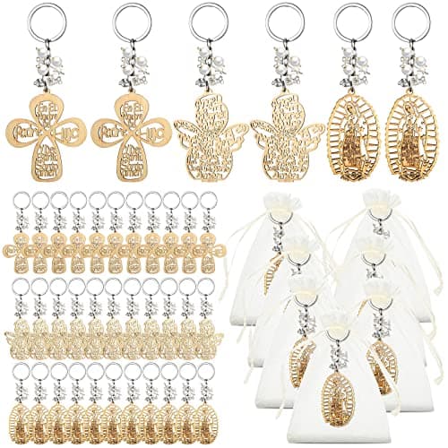 Hicarer 30 Pcs Baptism Key Ring Bautizo Recuerdos De Bautizo Para Cross Wooden Keychain with Organza Gift Bags Baptism Favor (White Pearls)