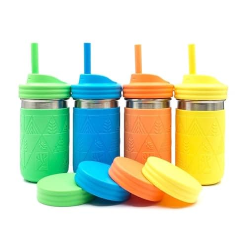 Elk and Friends 14oz Stainless Steel Kids + Toddler Drinking Cups | The Original Mason Jars with Lids + Sleeves + Straws | Smoothie Cups | Spill Resistant | Dishwasher Safe | 4 Pack