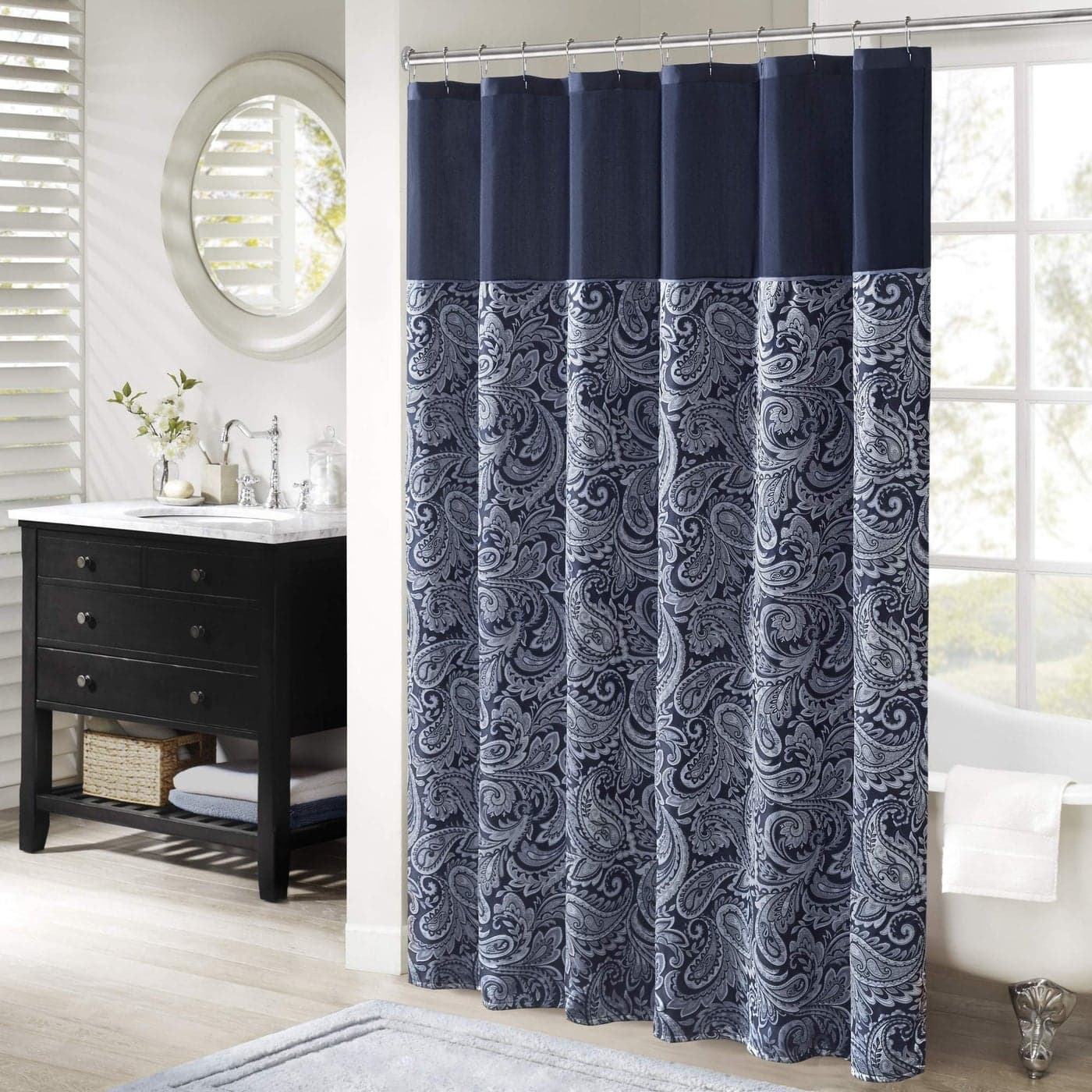 Madison Park Aubrey Shower Curtain Paisley Jacquard Pieced Microfiber Faux Silk Modern Home Bathroom Decorations Bathtub Privacy Screen Decorative Bathroom 72 x 72 Navy