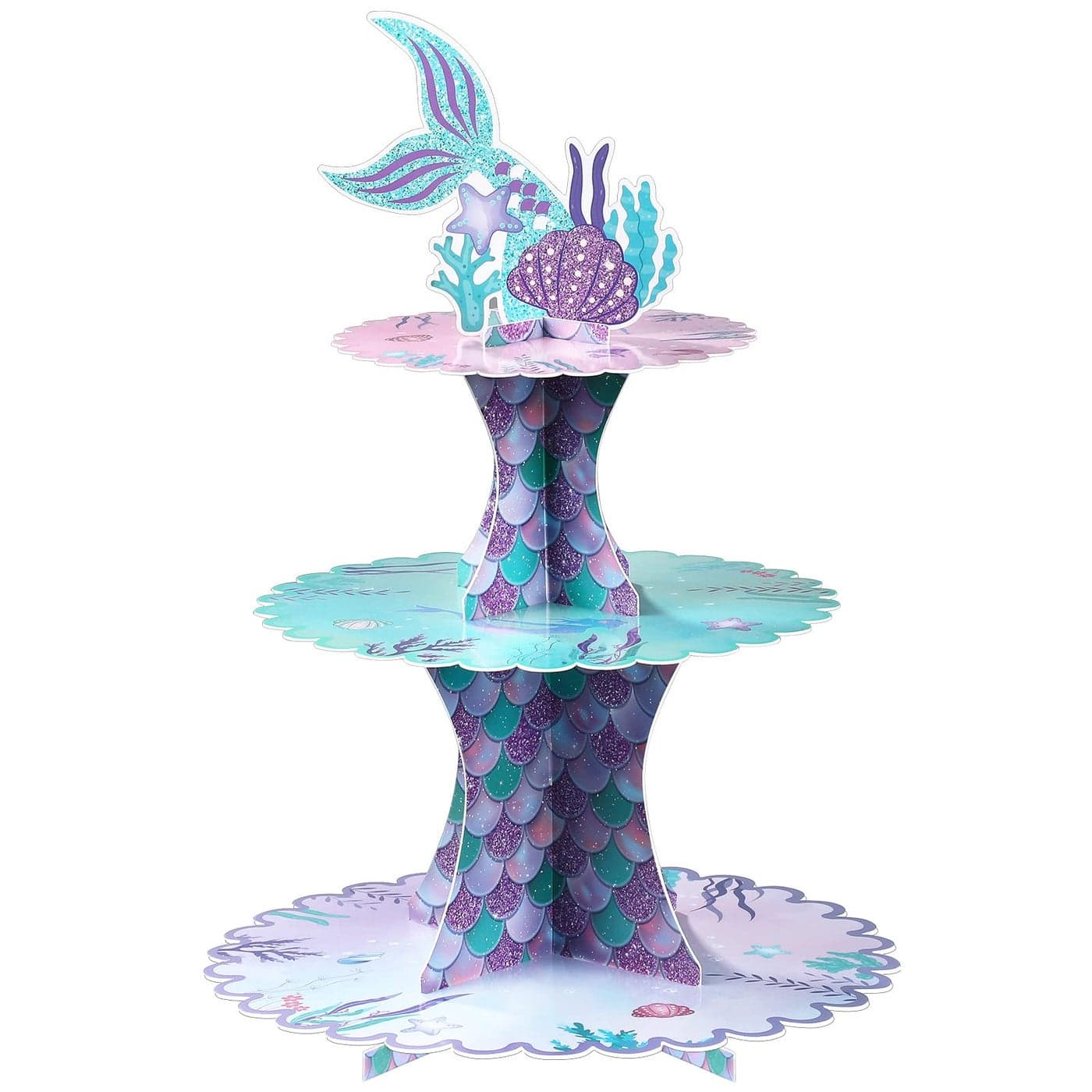 3 Tier Mermaid Cupcake Stand Birthday Party Decorations Mermaid Theme Cake Holder Under The Sea Cake Stand Tail Toppers for Girls Underwater Ocean Baby Shower Birthday Party Supplies