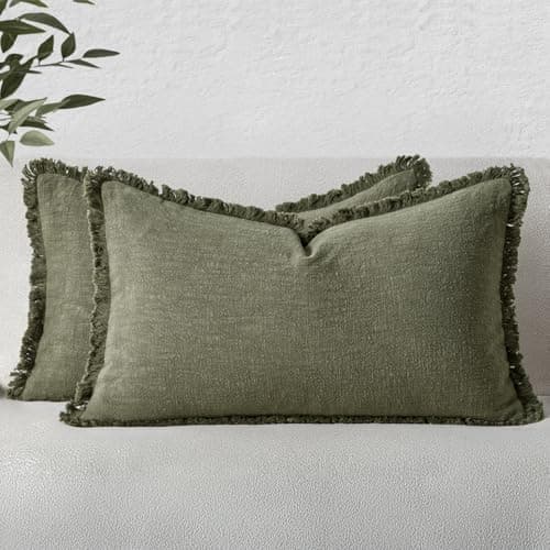 MIULEE Decorative Lumbar Throw Pillow Covers Neutral Linen Fringe Throw Pillows Set of 2 Olive Green Boho Farmhouse Cushion Covers for Couch Sofa Bed Living Room Spring Home Decor 12x20 Inch