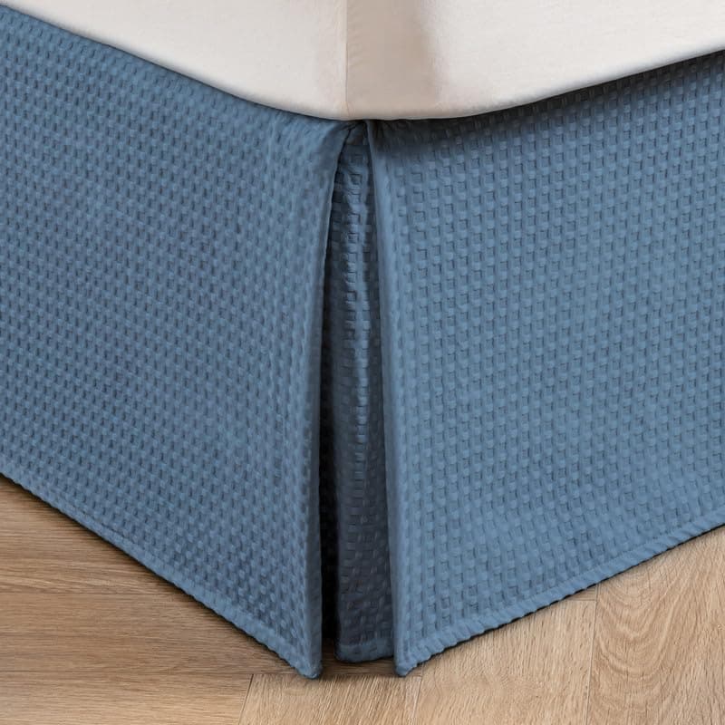 MIYE Pleated Waffle Weave Bed Skirt, Tailored Dust Ruffle 18 Inch Drop Easy Fit, Machine Washable (Blue, Queen - 18" Drop)