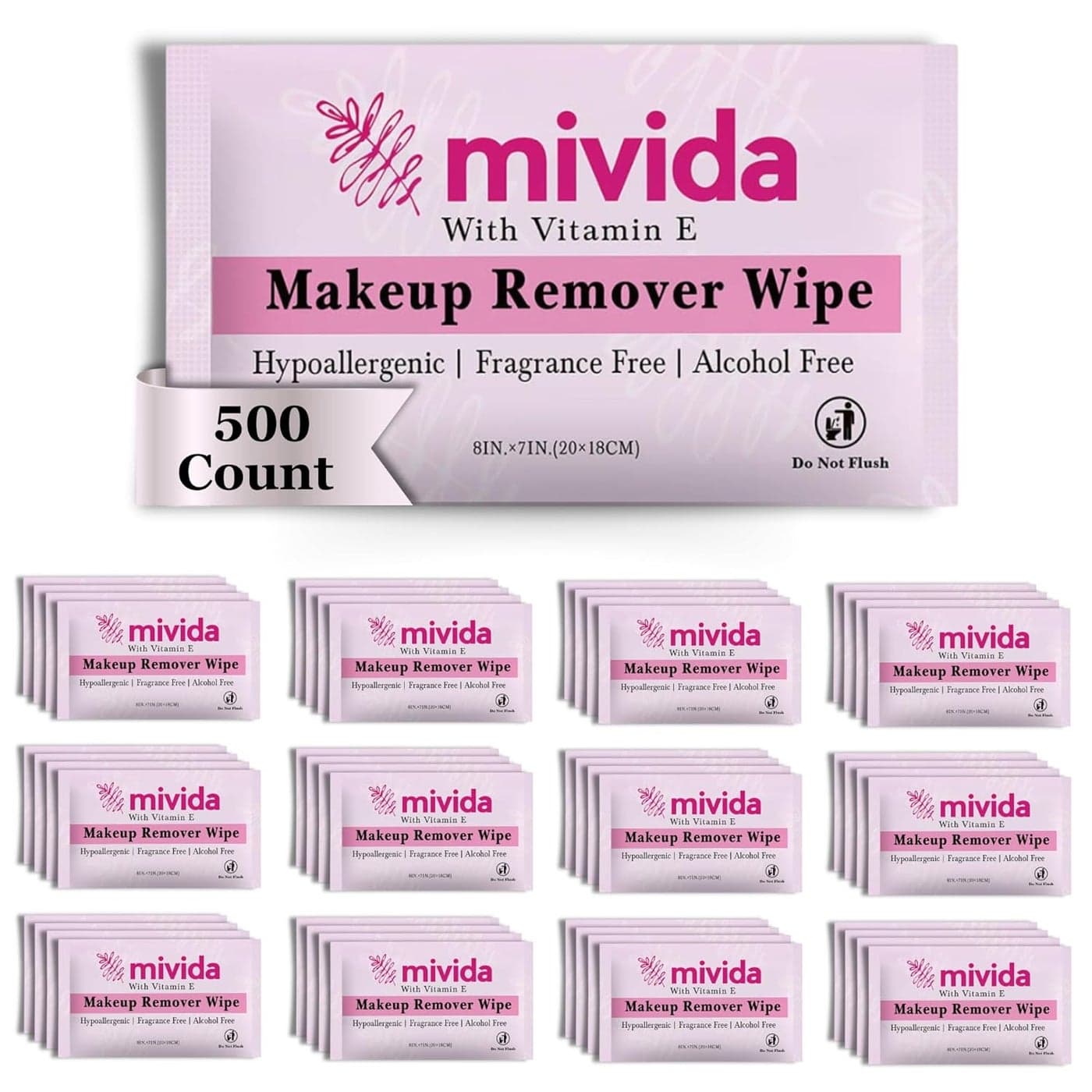 mivida 500 Count Bulk Individually Wrapped Makeup Remover Wipes with Vitamin E Hypoallergenic FragranceFree AlcoholFree makeup wipes Bulk single make up removing wipes