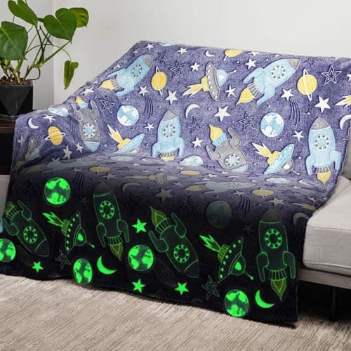 Happy Hues Rocket & UFO Glow in The Dark Blanket-200 x 150 cm- Super Soft Fluffy Flannel Fleece All Season Blanket for Babies-Toddlers-Kids & Teens Boys & Girls- Best Gifting Ideas for 0-15 Years
