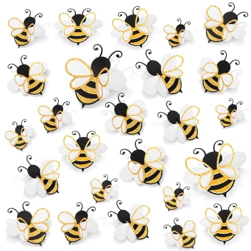 Feifeiya 30 Pcs 3D Bee Decoration 5 Sizes Honey Bumble Wall Sticker Decor for Classroom Large Glitter Bee Themed Decals Confetti Cute Adhesive Birthday Baby Shower Outdoor Home GardenClassic Style