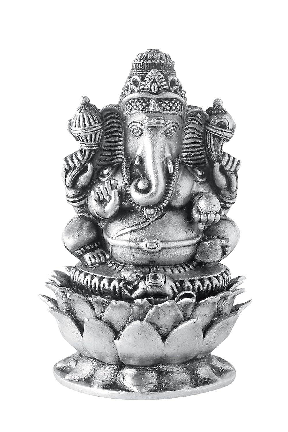 PRD CARATCAFE Silver Ganesha Murti for Car Dashboard Home Office Use Made in Pure 925 Solid Chandi Metal Idol of Ganesh Ji On Lotus Antique Look Gift Item for All Occasions Festivals