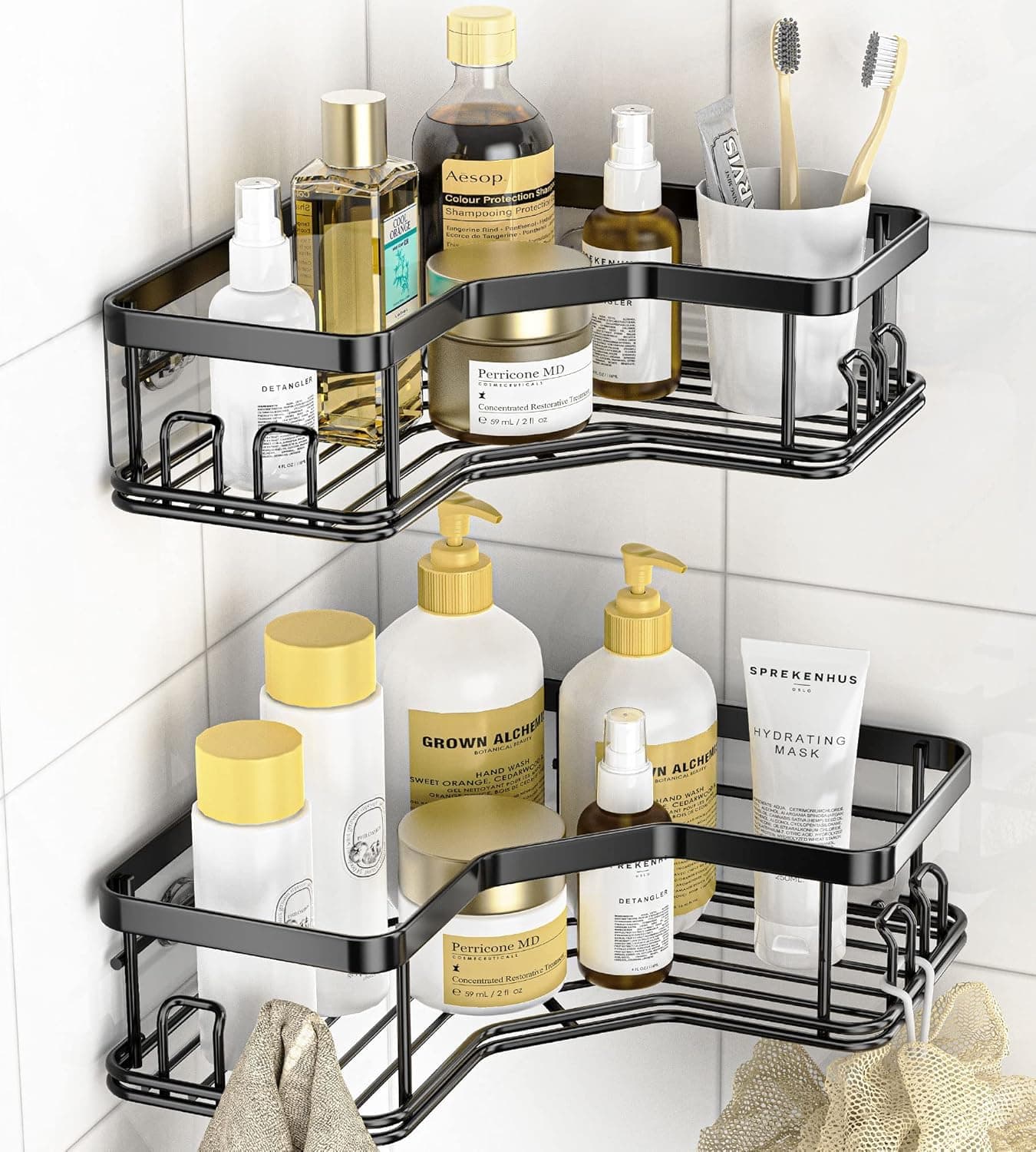 BIRDWING 2 Pic Combo Self Adhesive Corner Shelf for Bathroom/Adhesive Shelf for Kitchen with Magic Sticker/Bathroom Organizer Without Drill (GI Metal, Black) - Pack of 2