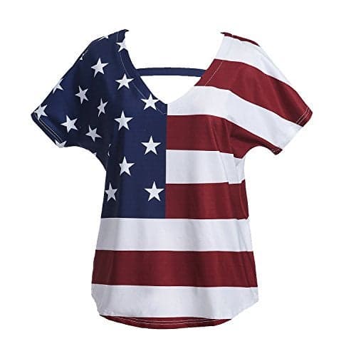 Taiduosheng Womens Short Sleeve V-Neck American Flag Blouses Print Tee Shirt USA Tops T-Shirt US S