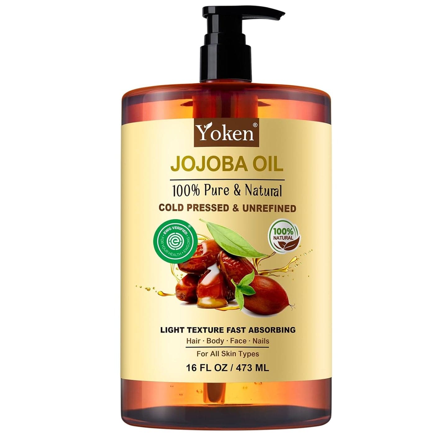 Yoken Pure Jojoba Oil EWG Verified 16 fl oz 100 Natural Jojoba Oil for Hair Skin Face Cold Pressed Unrefined Deeply Moisturizing Body Oil Jojoba Carrier Oil for Essential Oils Mixing