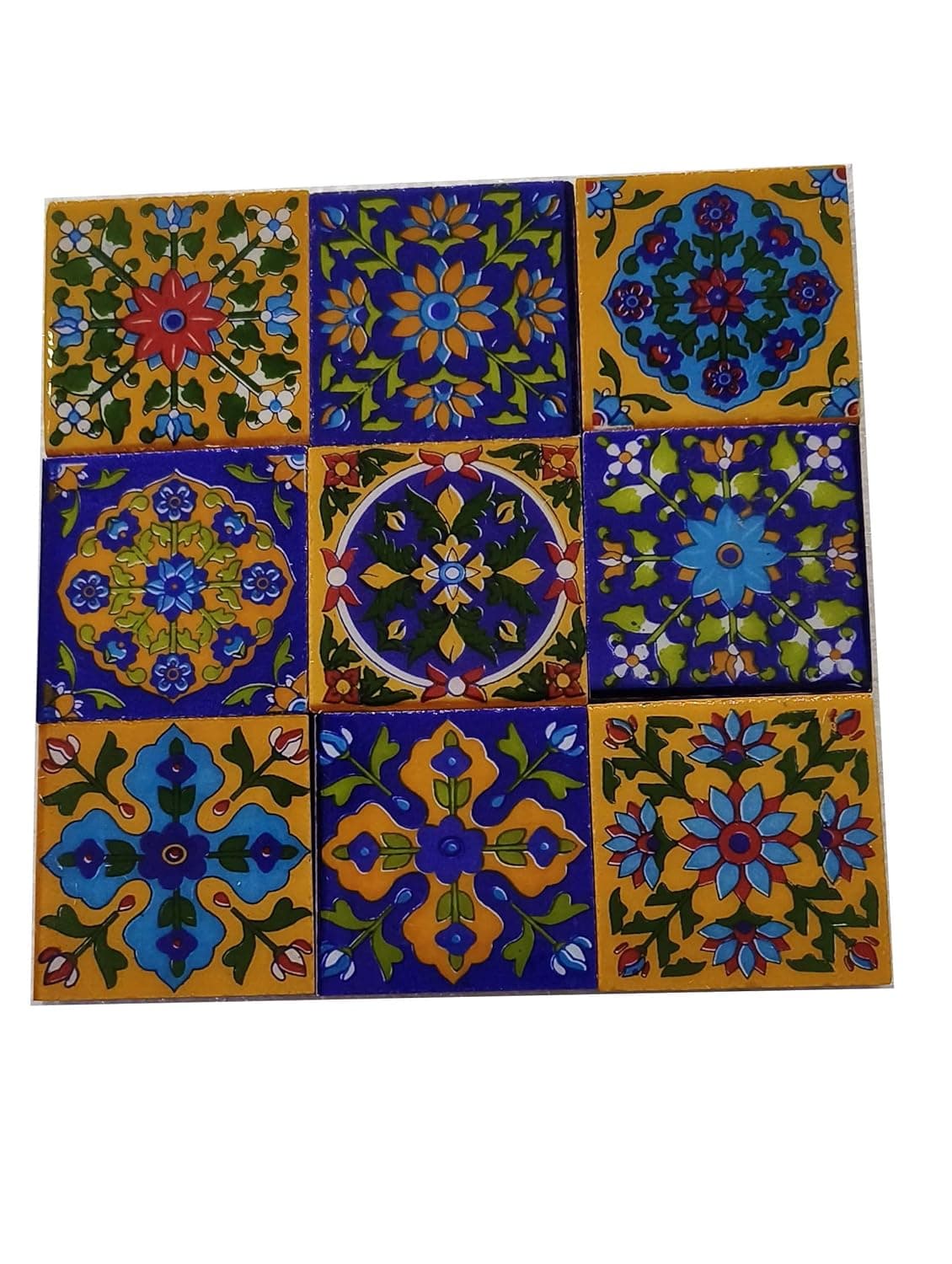 Shiv Kripa Blue Pottery Home Decorative Ceramic Wall Hanging Tile Design Flooring Tiles Floral Kitchen Washroom Mosaic Furniture Tile Handmade Backsplash 2 x 2 Inches Pack of 9 Multicolor