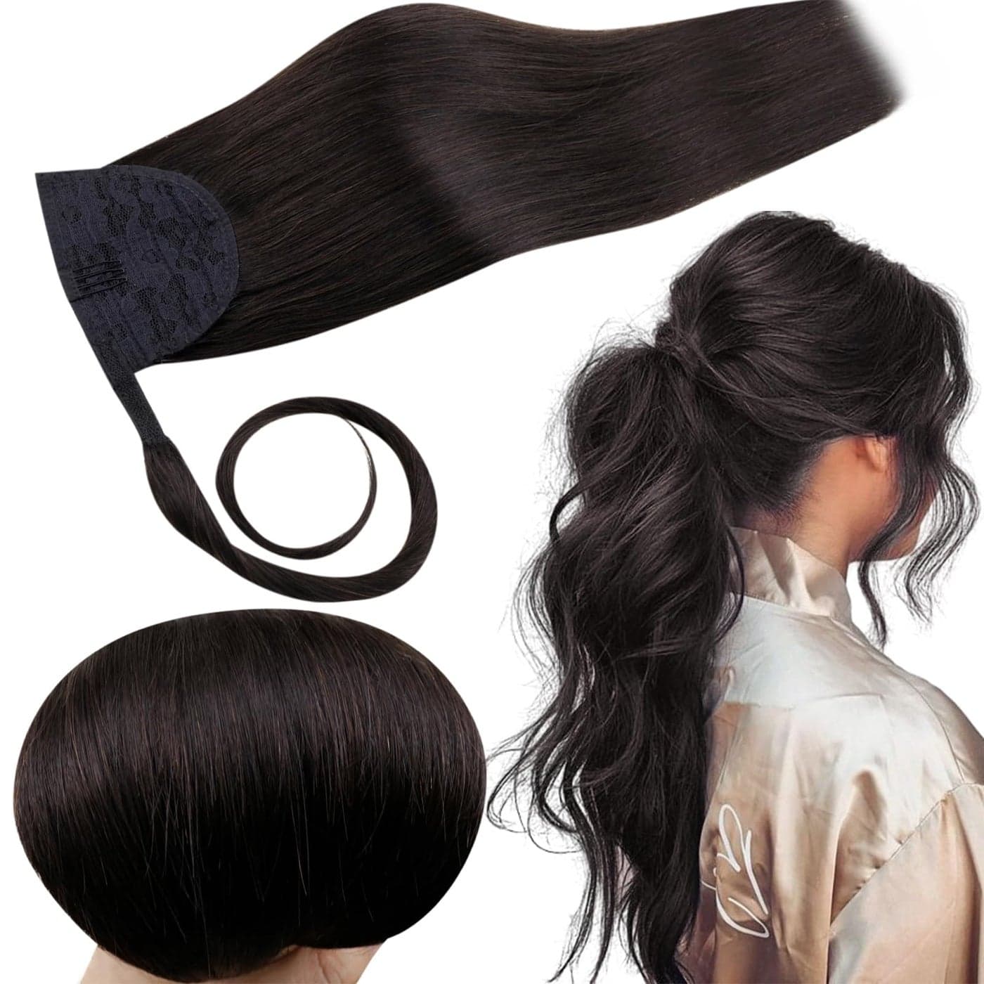RUNATURE Human Hair Ponytail Extension Off Black Ponytail Hair Extensions Real Human Hair Soft Straight Hair for Women Natural Ponytail Hairpiece Add Length 12 Inch 70g 1B Off Black