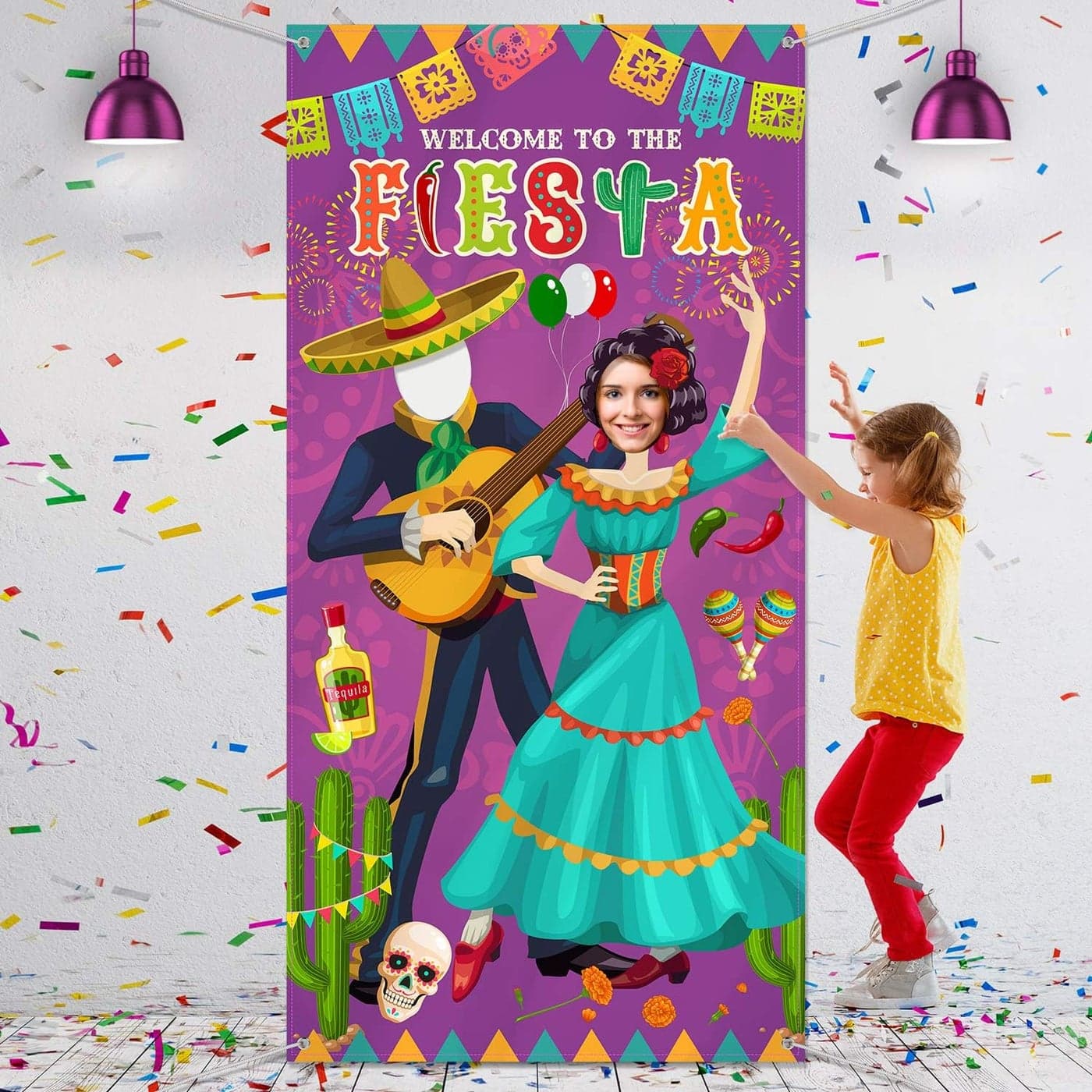 Fiesta Couple Photo Door Banner Giant Fabric Fiesta Photo Booth Background Funny Fiesta Games Supplies for Mexican Theme Festival 6 x 3 ft