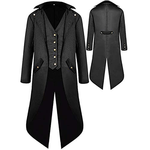 BITSEACOCO Mens Gothic Medieval Tailcoat Jacket, Steampunk Vintage Victorian Frock High Collar Coat(S,Black