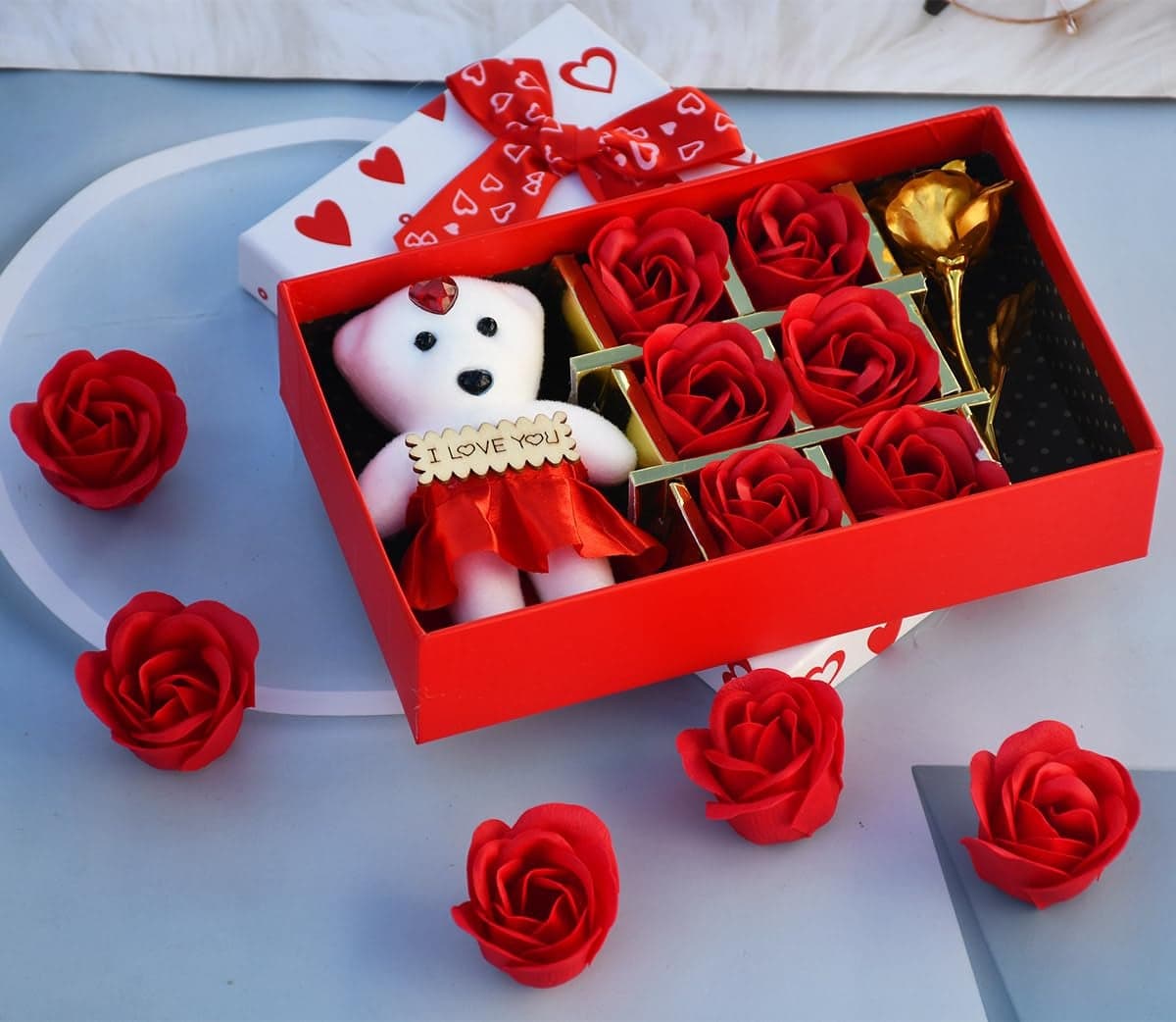Natali Traders Love Gift for Girlfriend Boyfriend Small Teddy with Artificial Golden Rose and 6 Red Rose Scented Flowers Valentine Day Anniversary Rose Day Gift